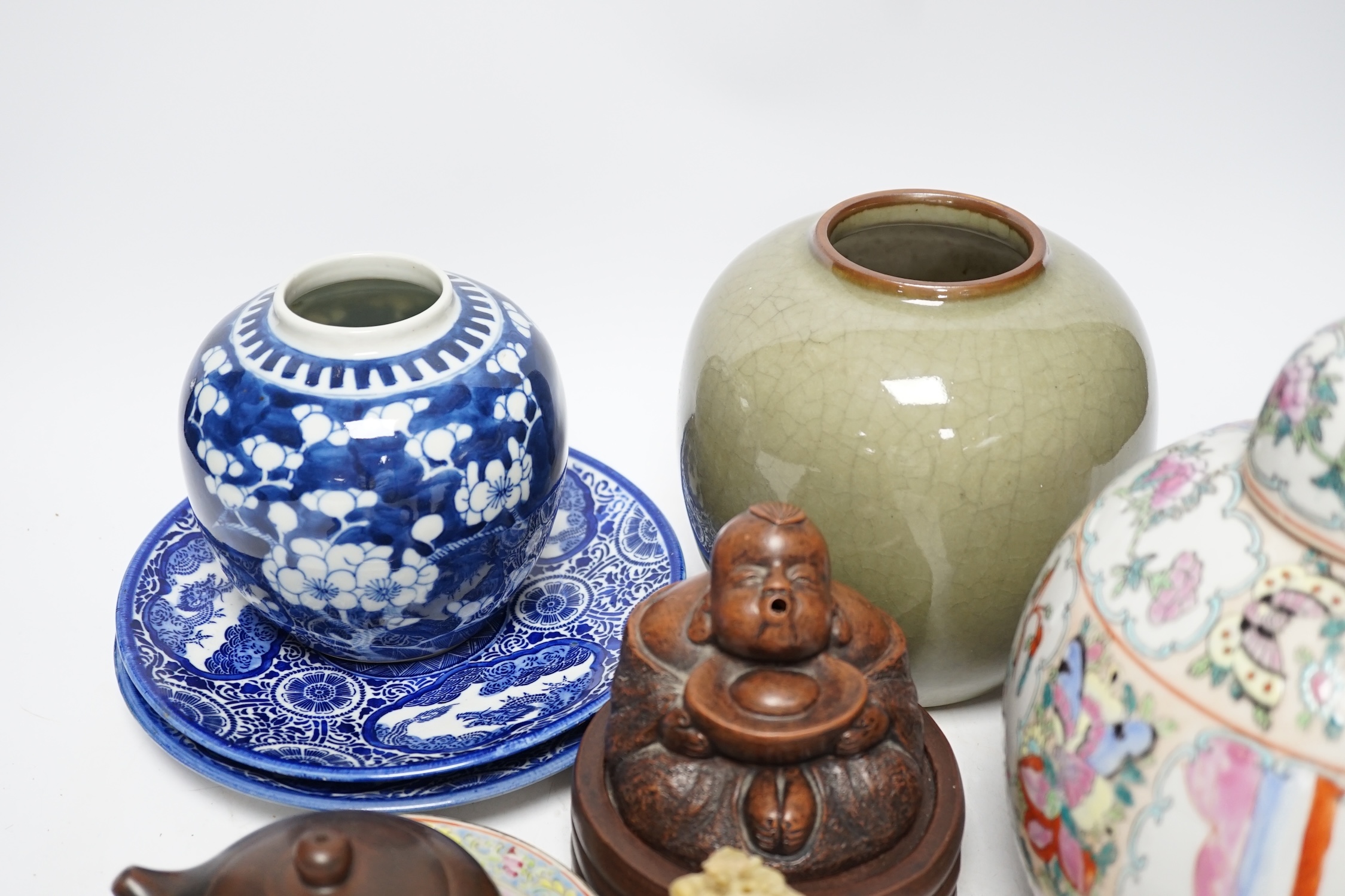 A famille rose Chinese jar and cover, a hardstone seal, together with various mixed Chinese and Japanese items (9)